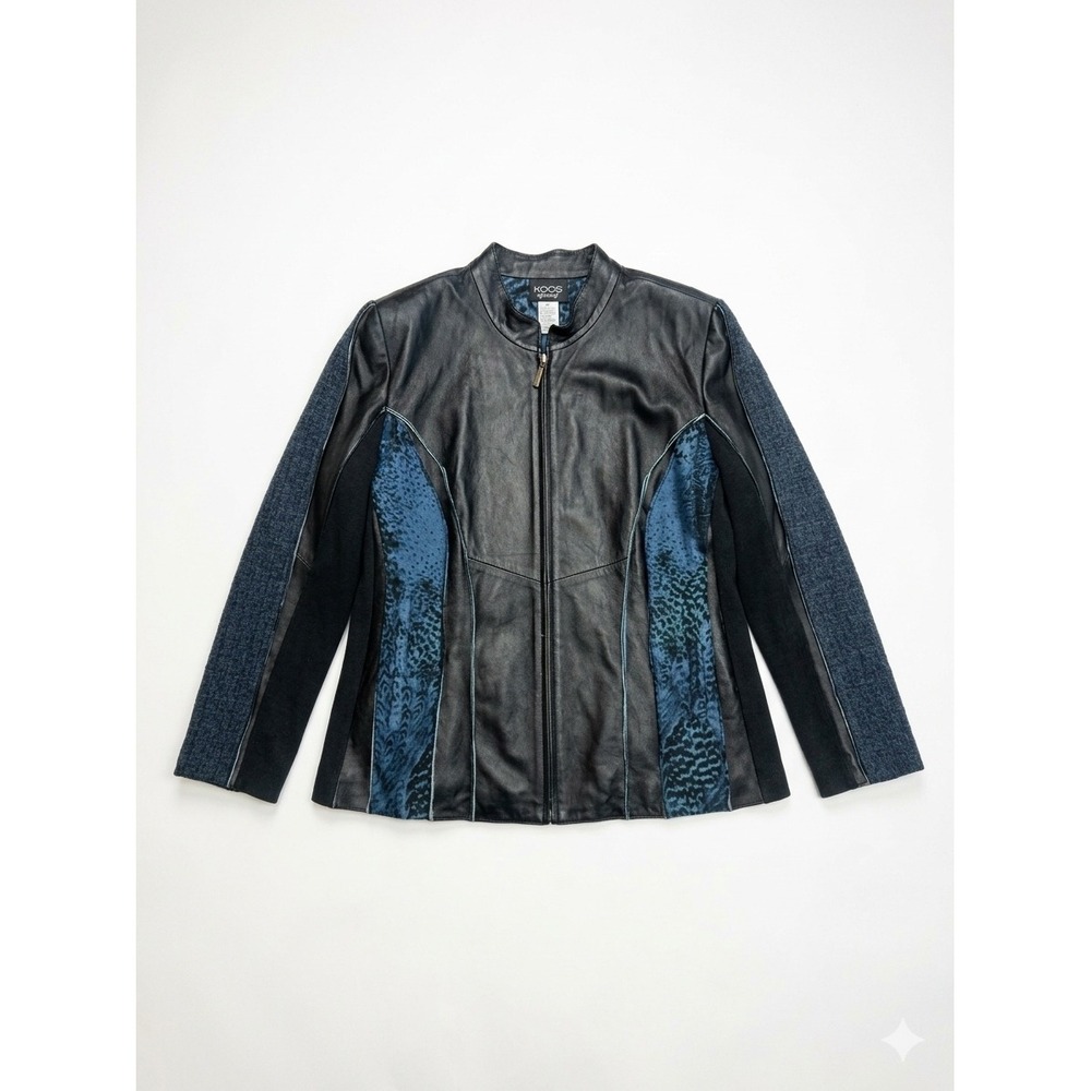Koos of Course Leather Jacket Womens 2X Black Blue Mixed Media Zip Good